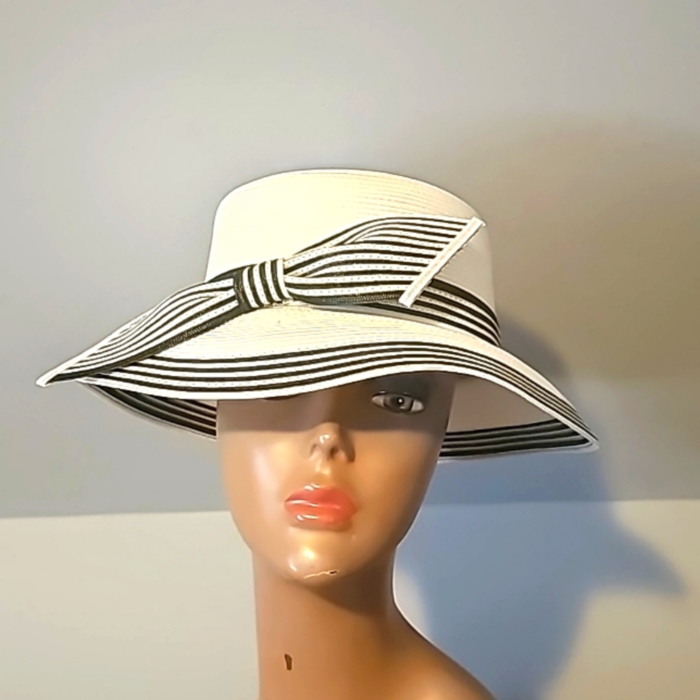New, Mr. Hi's Classic Designer White Hat w/Blue & White Stripe Bow, Band & Brim